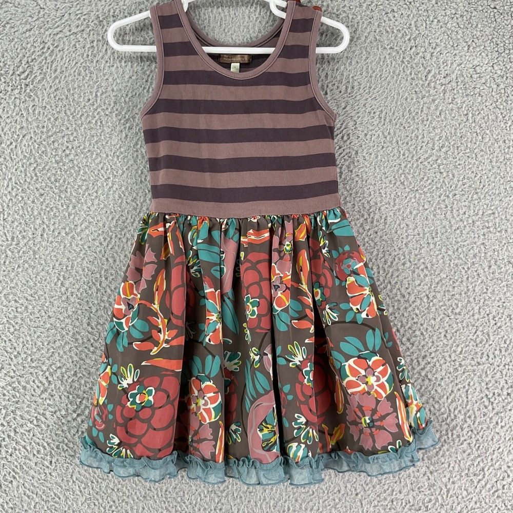 Matilda Jane Dress Kids Size 4 Brown Floral Striped Ruffle Boho Whimsical D10101
